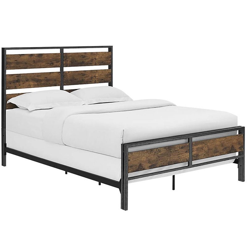 Pemberly Row Queen Metal and Wood Plank Panel Bed in Brown