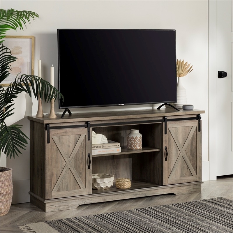Pemberly Row Farmhouse Wood Sliding Door TV Console for TVs up to 58
