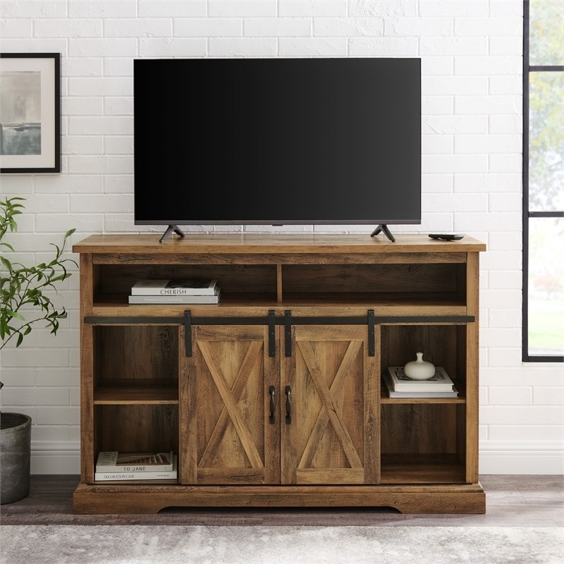 Pemberley Row Wood Rustic Oak TV Stand Rectangular Sliding Barn Doors 52