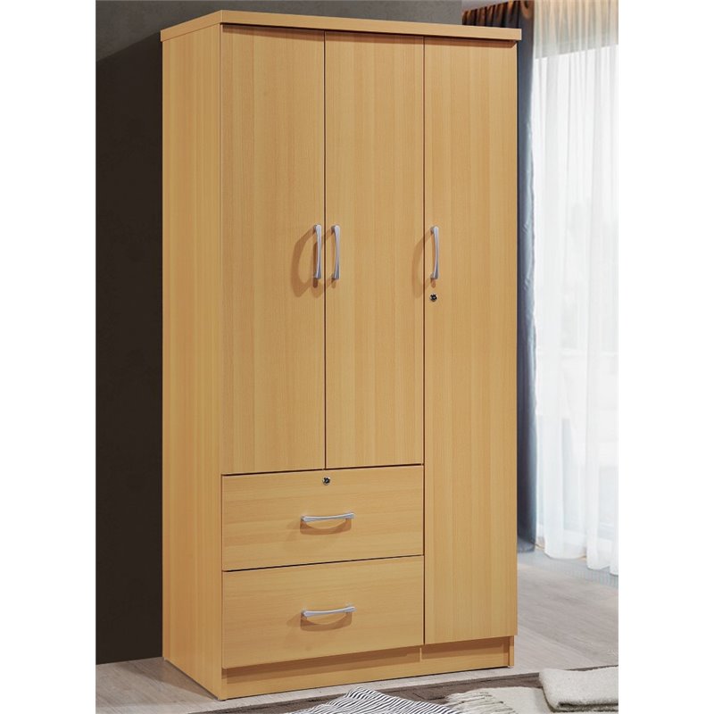 Pemberly Row 3 Door Wood Armoire with 2 Drawer in Beech Beige