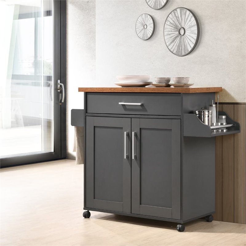 Pemberley Row Engineered Wood Gray Oak Kitchen Island Rectangular Spice Rack Wheels