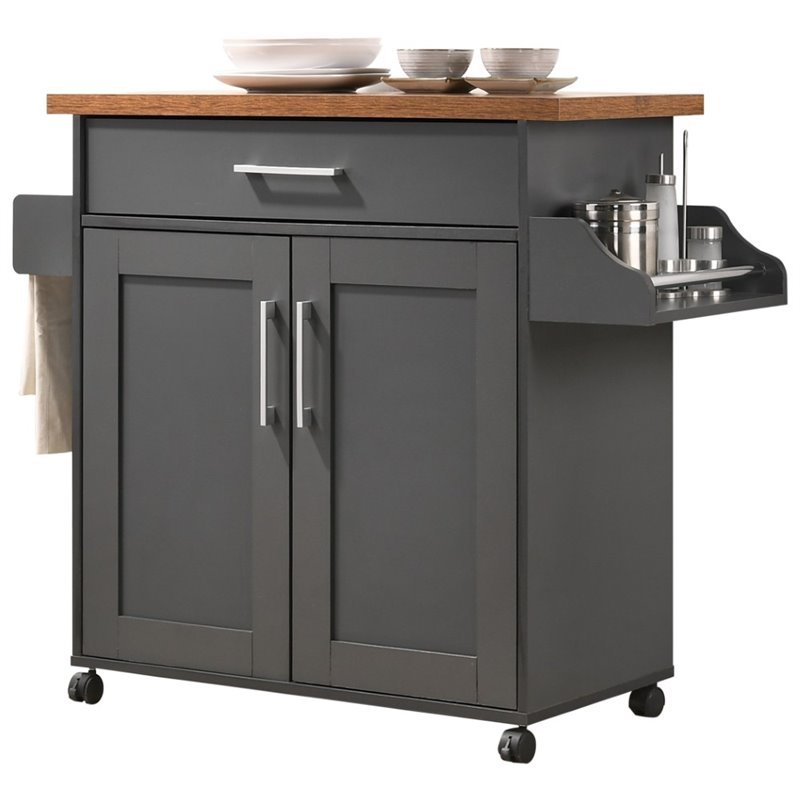 Pemberley Row Engineered Wood Gray Oak Kitchen Island Rectangular Spice Rack Wheels