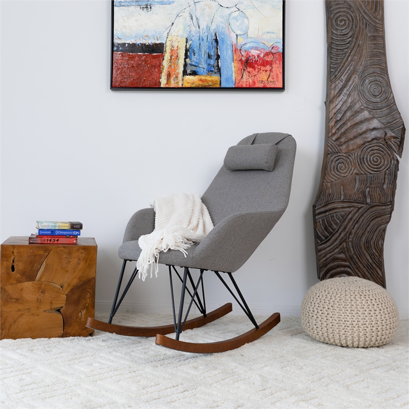 Pemberly Row Mid-Century Modern Tight Back Fabric Rocking Chair in Gray