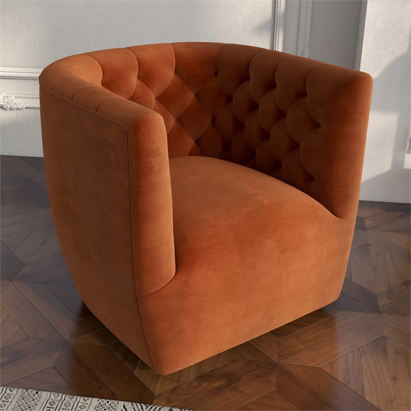 Pemberly Row Contemporary Velvet Tufted Back Swivel Chair in Burnt Orange