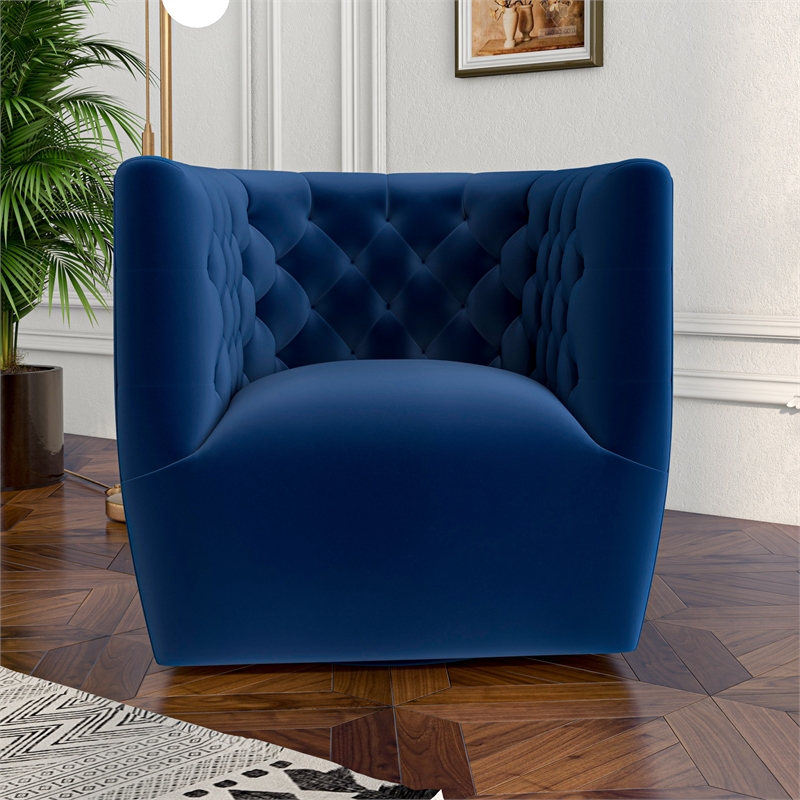 Pemberly Row Contemporary Velvet Tufted Back Swivel Chair in Navy Blue