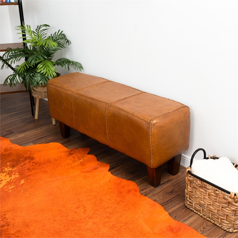 Pemberly Row Mid-Century Modern Genuine Leather Upholstered Bench in Tan
