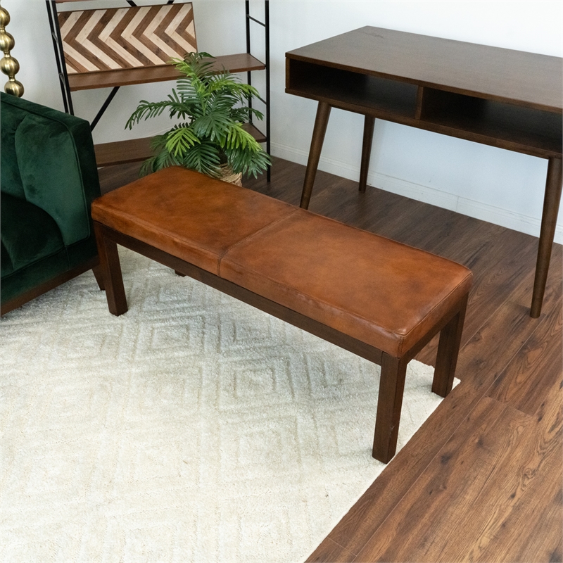 Pemberley Row Genuine Leather Tan Brown Bench Rectangular Hand Stitching Unassembled