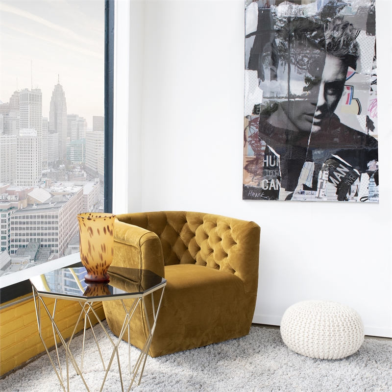 Pemberly Row Mid-century Velvet Tufted Back Swivel Chair in Gold Yellow