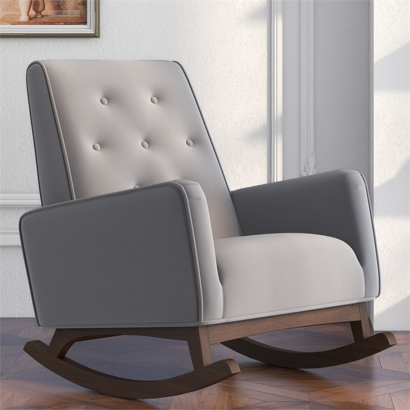 Pemberly Row Tufted Back Microfiber Upholstered Rocking Chair in Light Gray