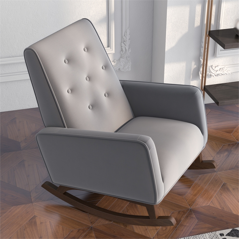 Pemberly Row Tufted Back Microfiber Upholstered Rocking Chair in Light Gray