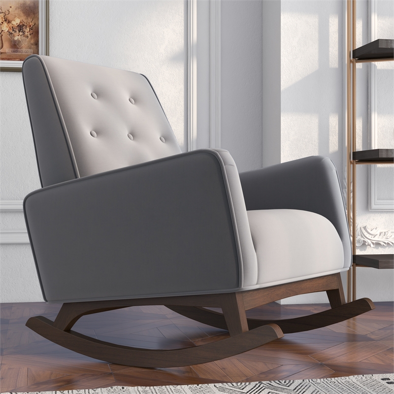 Pemberly Row Tufted Back Microfiber Upholstered Rocking Chair in Light Gray