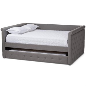 Pemberly Row Scrolled Arm Fabric Tufted Full Daybed with Trundle in Gray