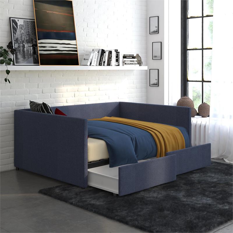 Pemberly Row Linen Full Daybed with Storage in Blue