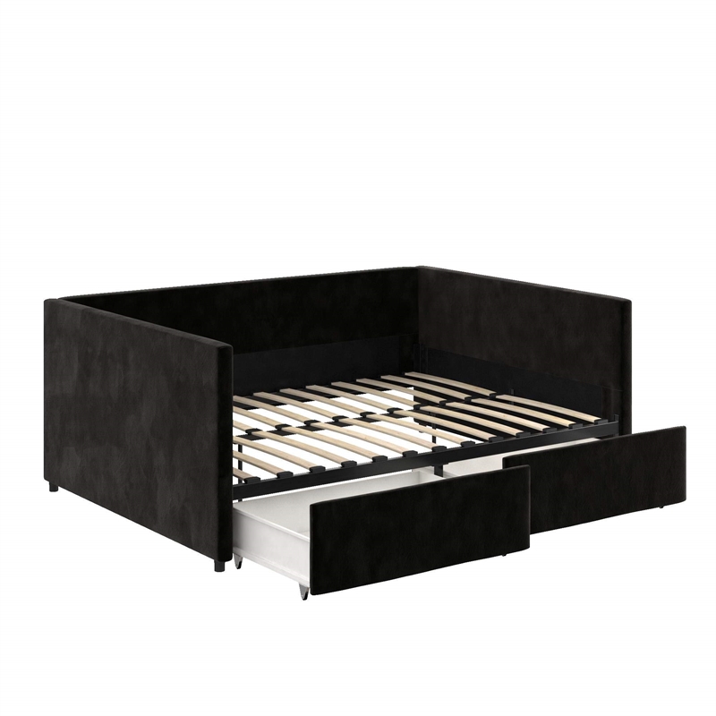 Pemberly Row Modern Velvet/Robust Wood Full Daybed with Storage in Black
