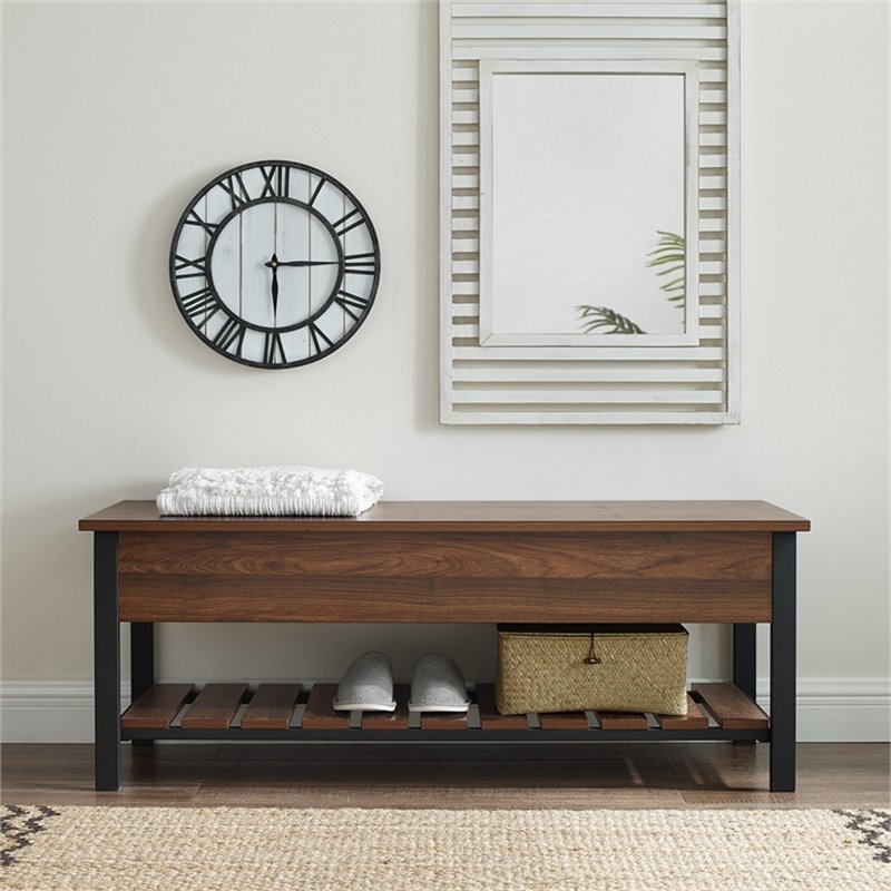 Pemberley Row MDF Dark Walnut Storage Bench Rectangular Slatted Bottom Shelf 48
