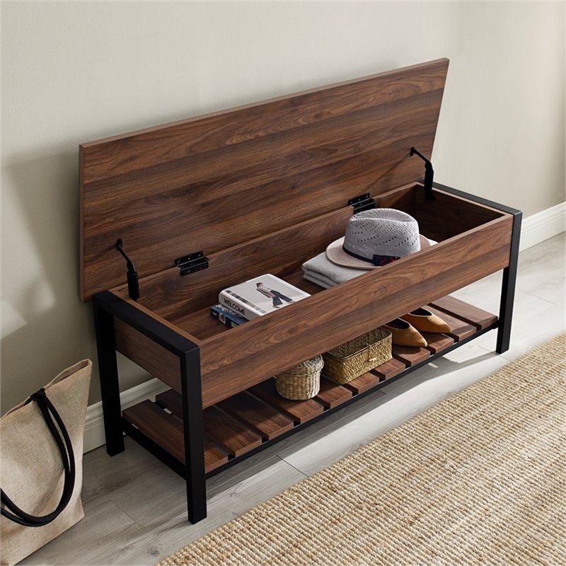 Pemberley Row MDF Dark Walnut Storage Bench Rectangular Slatted Bottom Shelf 48