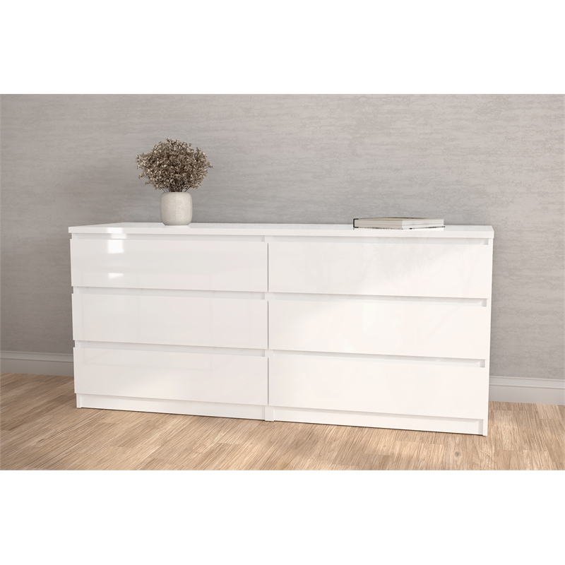 Pemberly Row Engineered Wood 6 Drawer Double Dresser in White High Gloss