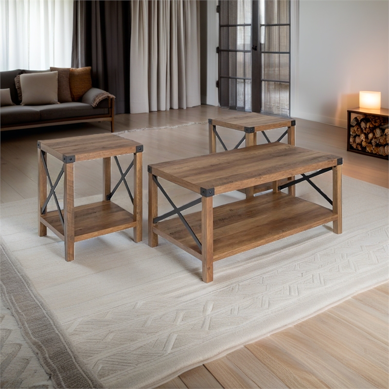 Pemberly Row 3-Piece Rustic Wood and Metal Coffee Table Set in Rustic Oak