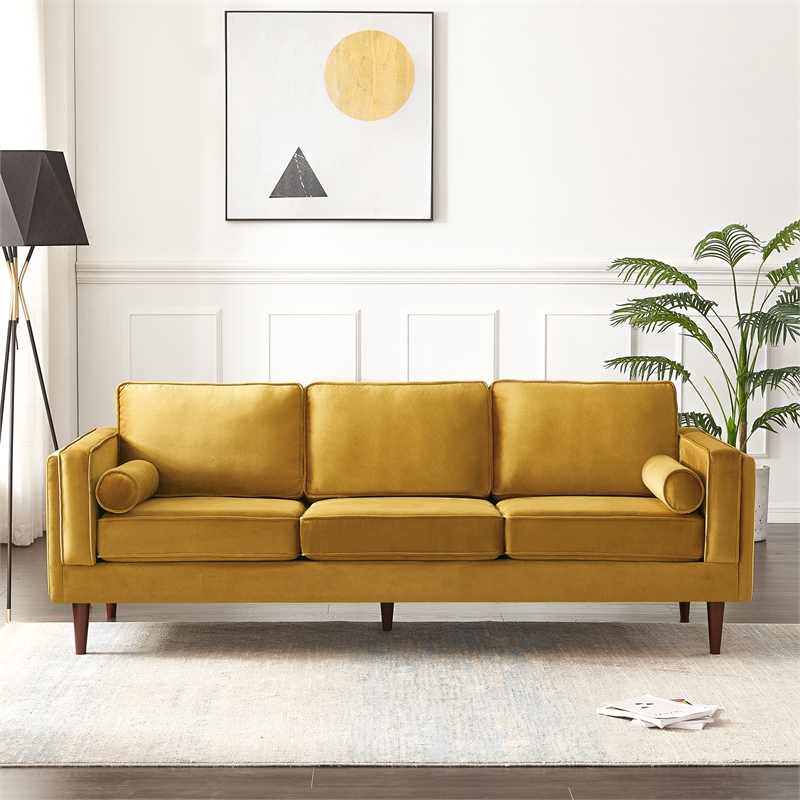 Pemberly Row Mid Century Modern Hudson Yellow Gold Velvet Sofa 88