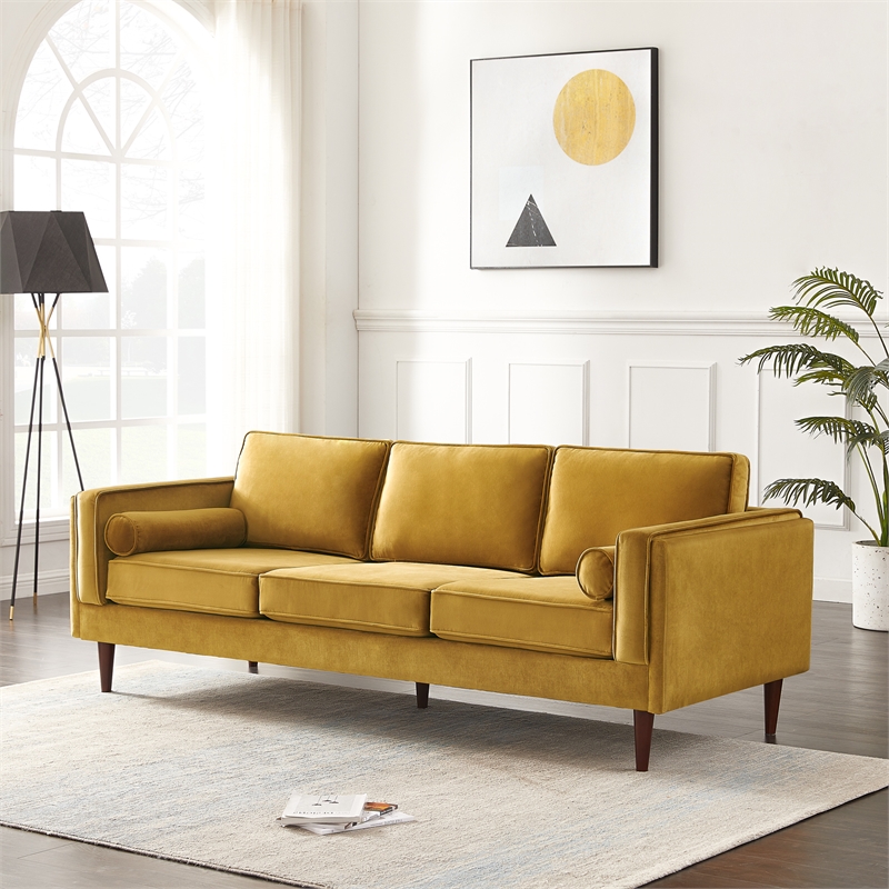 Pemberly Row Mid Century Modern Hudson Yellow Gold Velvet Sofa 88