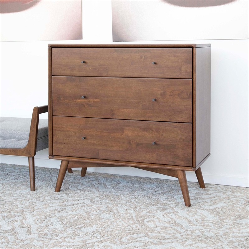 Pemberly Row Mid-Century Modern 3-Drawer Solid Wood Dresser in Brown