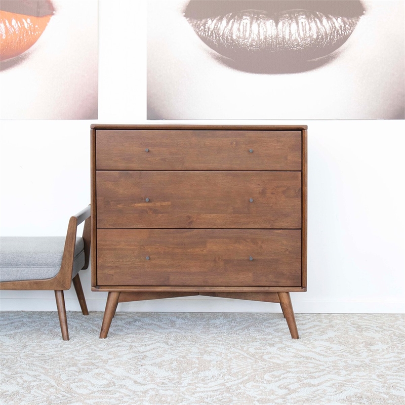 Pemberly Row Mid-Century Modern 3-Drawer Solid Wood Dresser in Brown