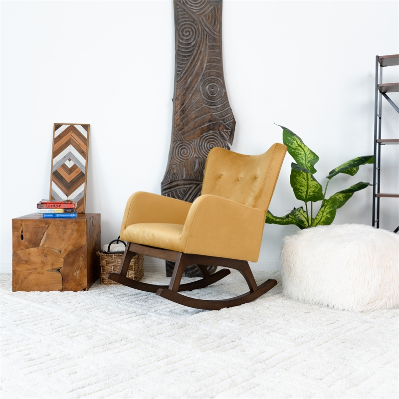 Pemberly Row Mid-Century Modern Tight Back Velvet Rocking Chair in Yellow