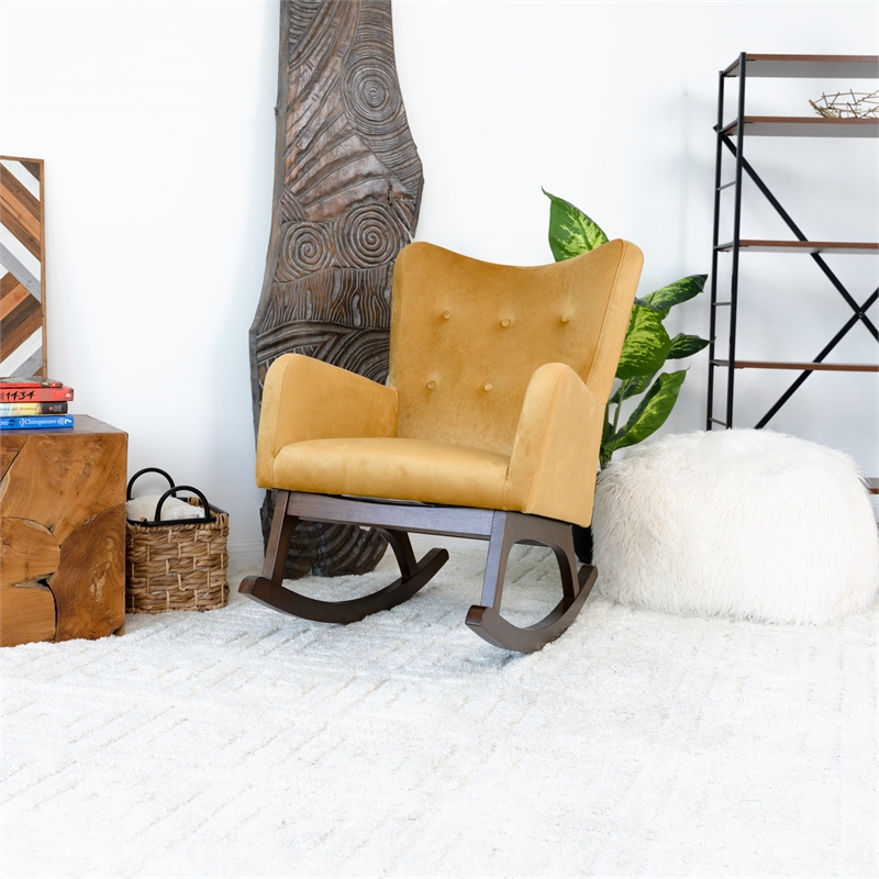 Pemberly Row Mid-Century Modern Tight Back Velvet Rocking Chair in Yellow