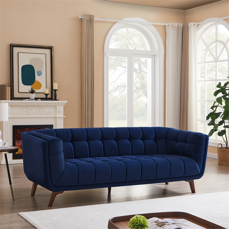 Pemberley Row Velvet Blue Sofa Rectangular Tufted 85