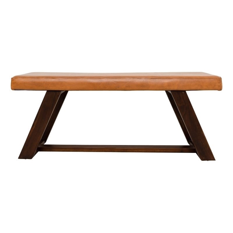 Pemberly Row Teak Wood and Genuine Leather Upholstery Bench in Cognac Tan/Walnut