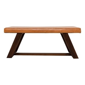 Pemberly Row Teak Wood and Genuine Leather Upholstery Bench in Cognac Tan/Walnut