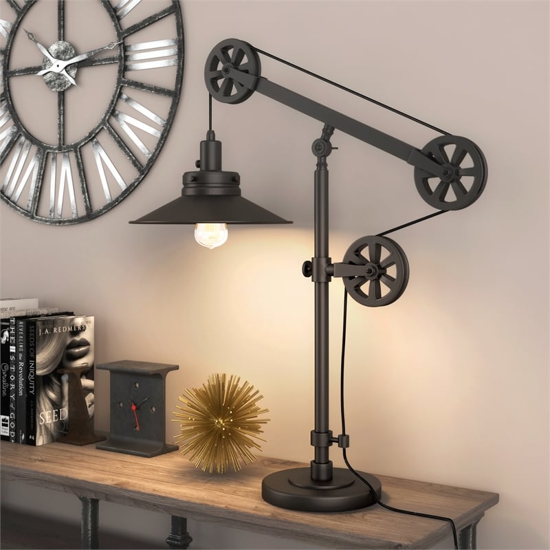 Pemberly Row Black and Bronze Metal Wide Brim Pulley Table Lamp