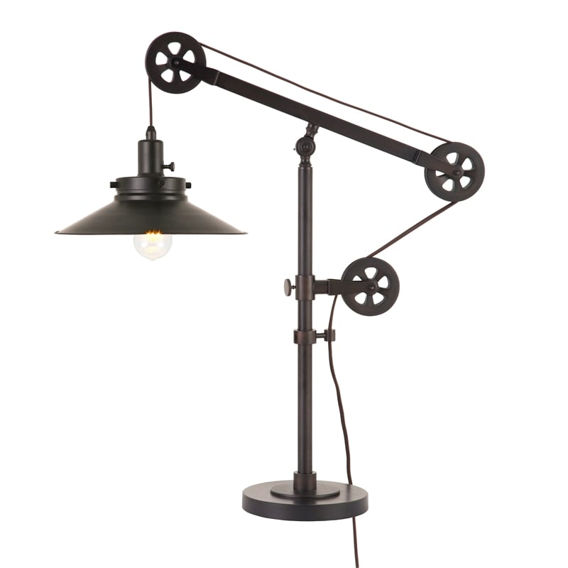 Pemberly Row Black and Bronze Metal Wide Brim Pulley Table Lamp