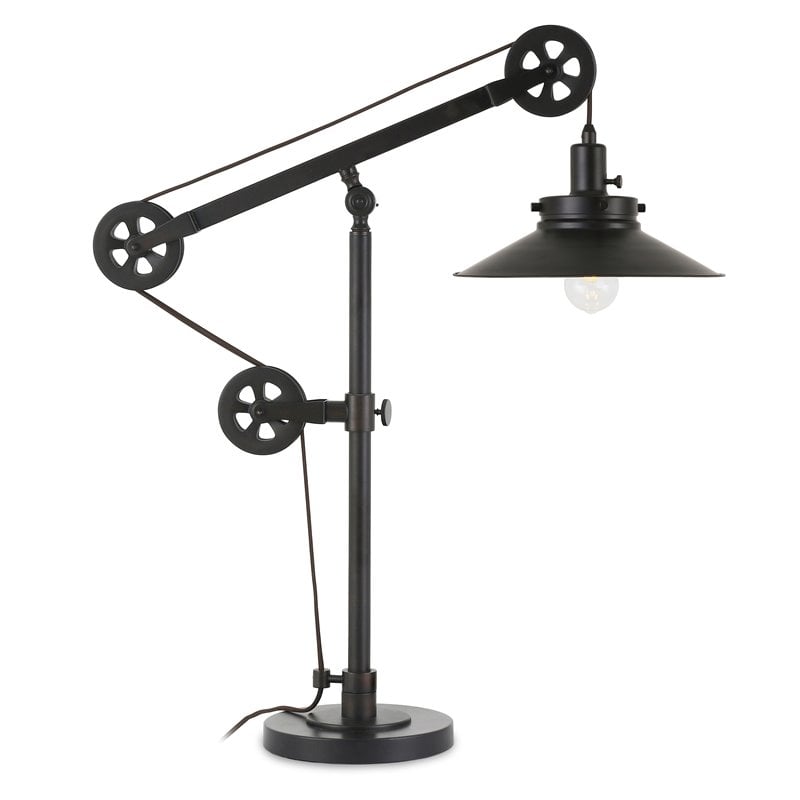 Pemberly Row Black and Bronze Metal Wide Brim Pulley Table Lamp