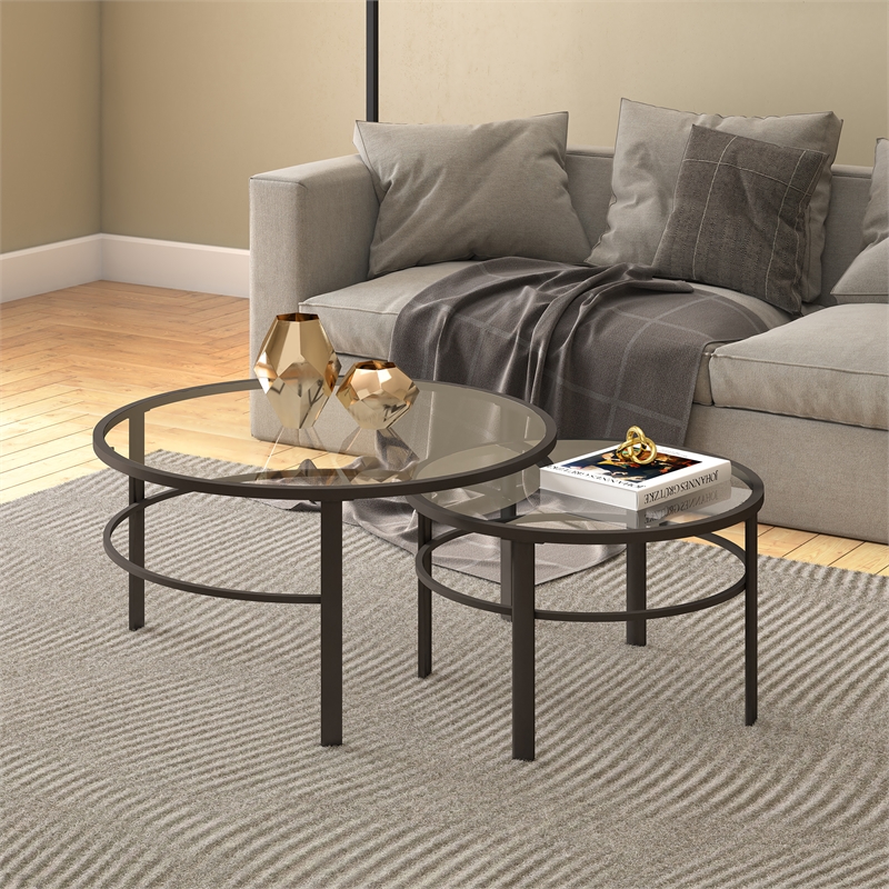 Pemberly Row 2 Piece Nested Metal & Glass Coffee Table in Black and Bronze