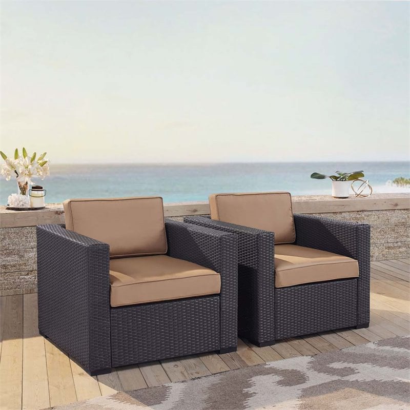 Pemberly Row Wicker Patio Arm Chair in Brown and Mocha (Set of 2)