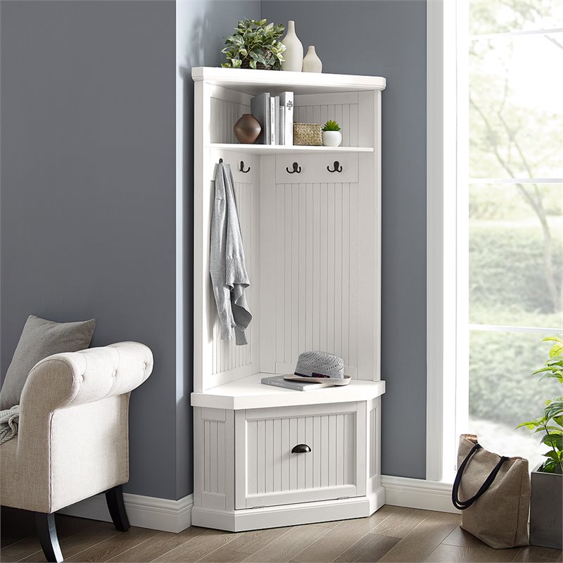 Pemberly Row 4-Hook Coastal Wood Corner Hall Tree in Distressed White
