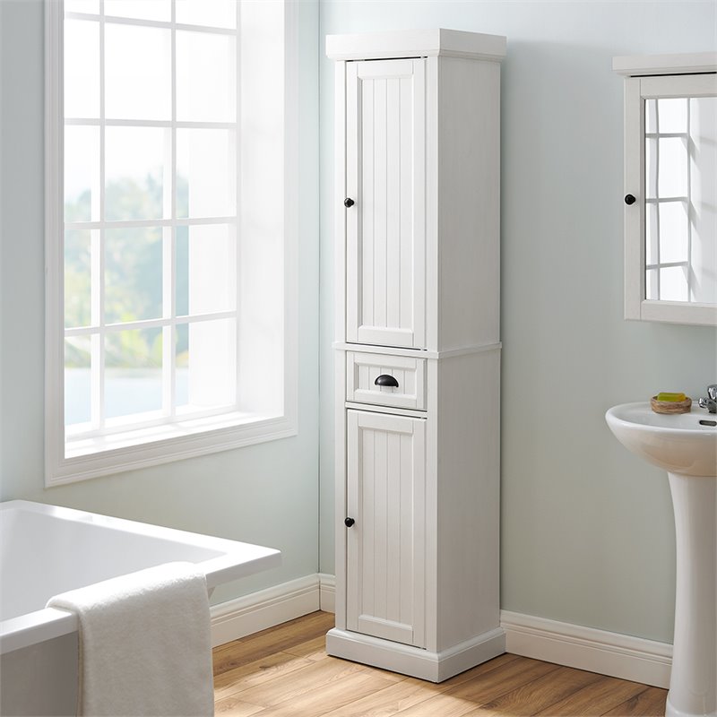 Pemberly Row 2-Drawer Coastal Wood Linen Cabinet in Distressed White
