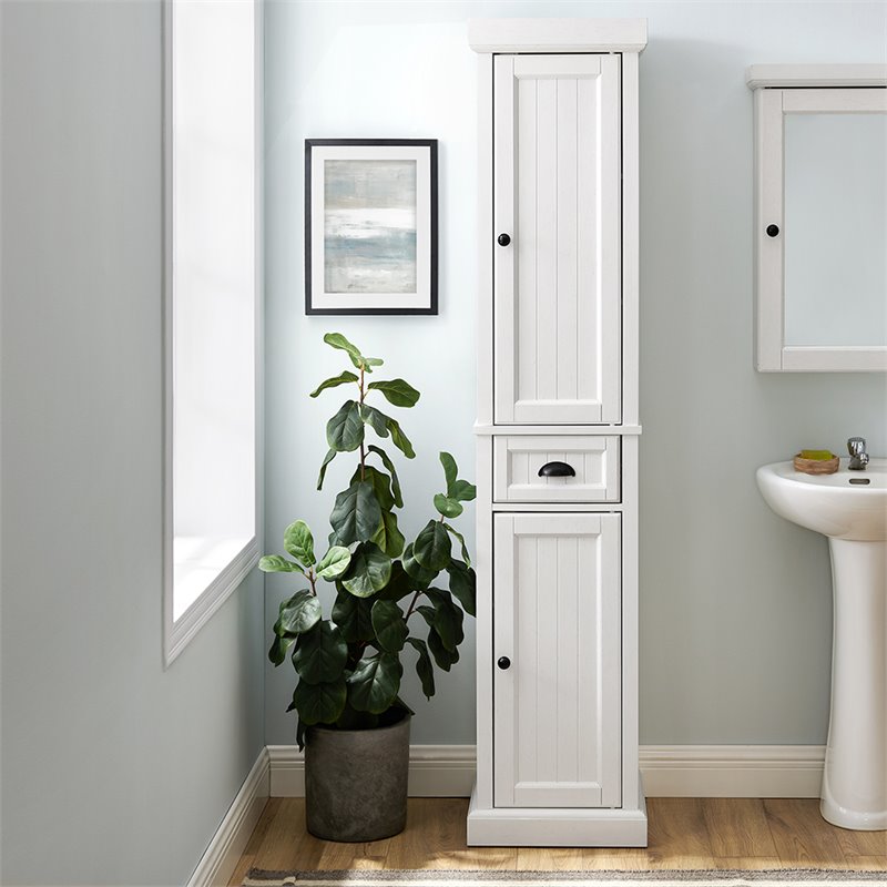 Pemberly Row 2-Drawer Coastal Wood Linen Cabinet in Distressed White