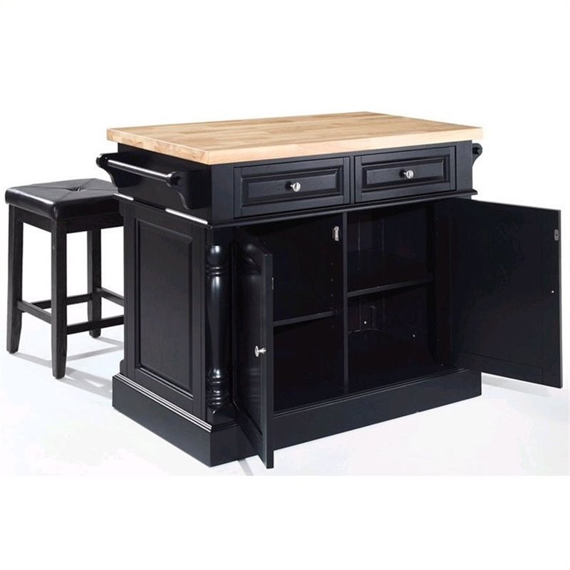 Pemberley Row Hardwood Black Kitchen Island with Butcher Block Top and Square Stools 47.75