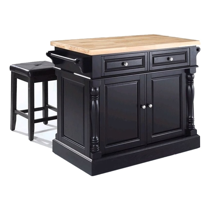 Pemberley Row Hardwood Black Kitchen Island with Butcher Block Top and Square Stools 47.75
