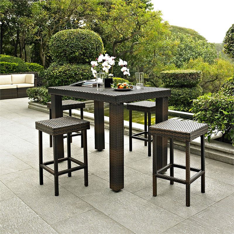 Pemberly Row 5 Piece Wicker Patio Counter Height Dining Set in Brown