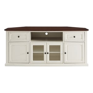 Pemberly Row Wood Corner TV Stand for TVs up to 65&quot in Mahogany/Distressed White