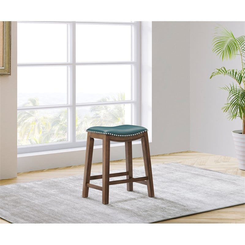 Pemberley Row Faux Leather Green Counter Stool Rectangular Nailhead Trim 24