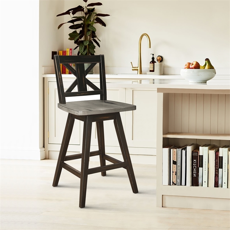 Pemberly Row Wood Bar Stool Chair Set of 2 in Black - Rotating Square Seat