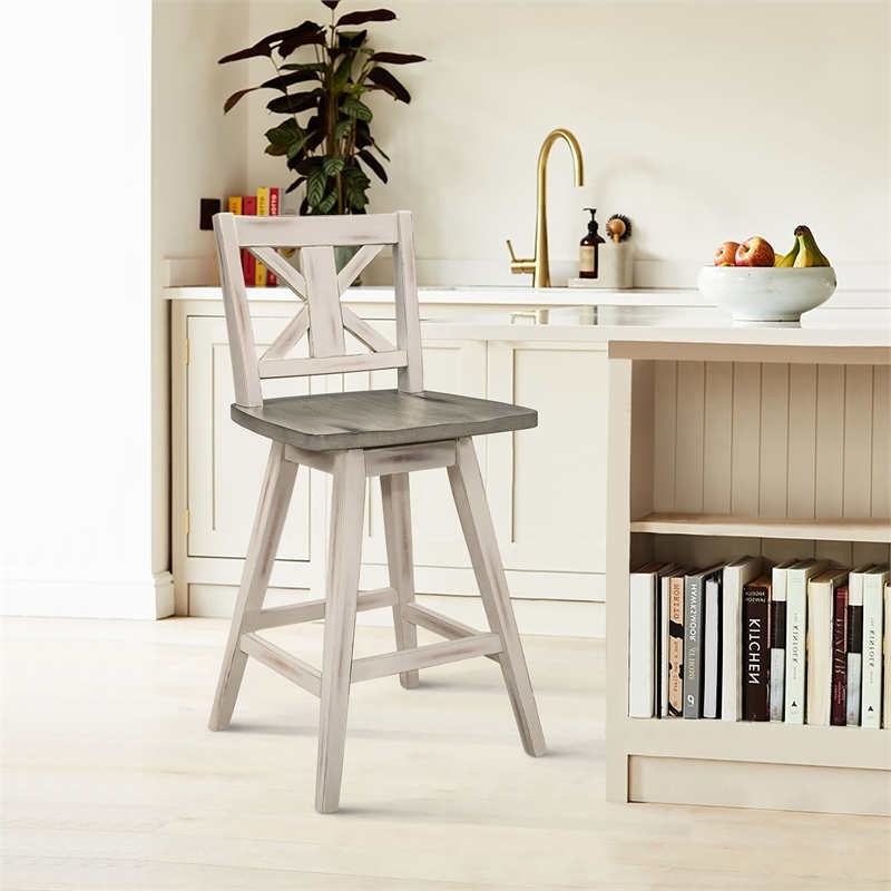 Pemberly Row Wood Bar Stool Chair Set of 2 in Brown - Rotating Square Seat