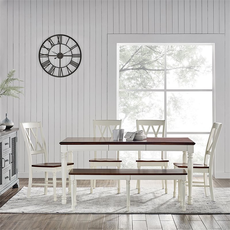 Pemberly Row 6-Piece Wood Butterfly Leaf Dining Set in Rubbed White/Rich Cherry