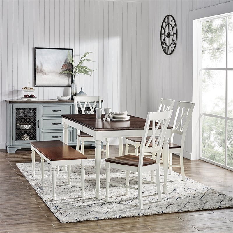 Pemberly Row 6-Piece Wood Butterfly Leaf Dining Set in Rubbed White/Rich Cherry