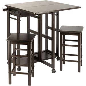 Pemberly Row 3-Piece Solid Wood Drop Leaf Space Saver Dining Set in Coffee