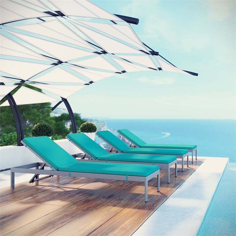 Pemberly Row  Patio Chaise Lounge in Silver and Turquoise (Set of 4)